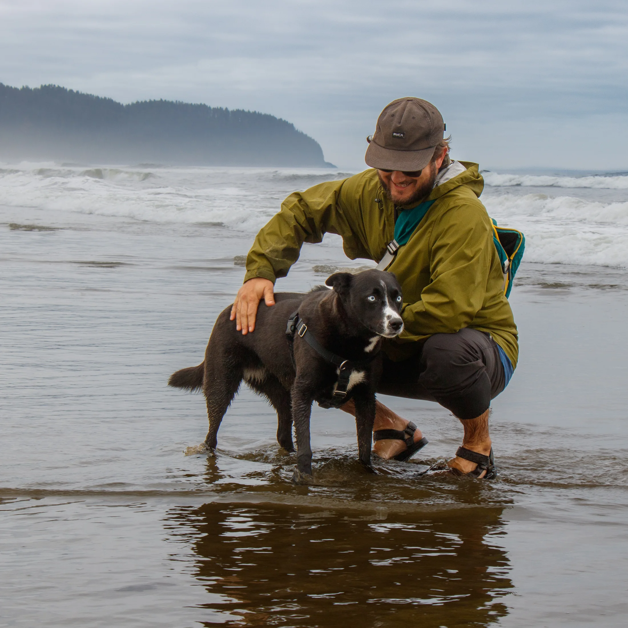 A person crouching beside a black dog on a wet beach, with waves and a wooded headland behind them.
